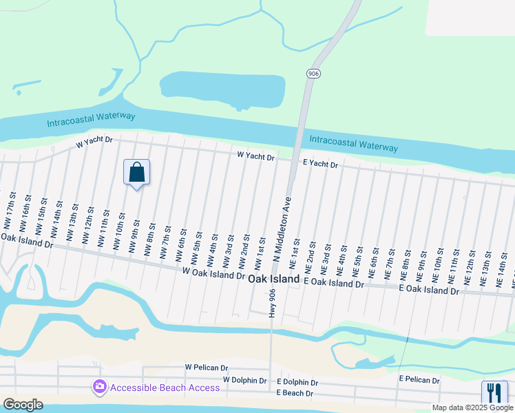 map of restaurants, bars, coffee shops, grocery stores, and more near 142 Northwest 2nd Street in Oak Island