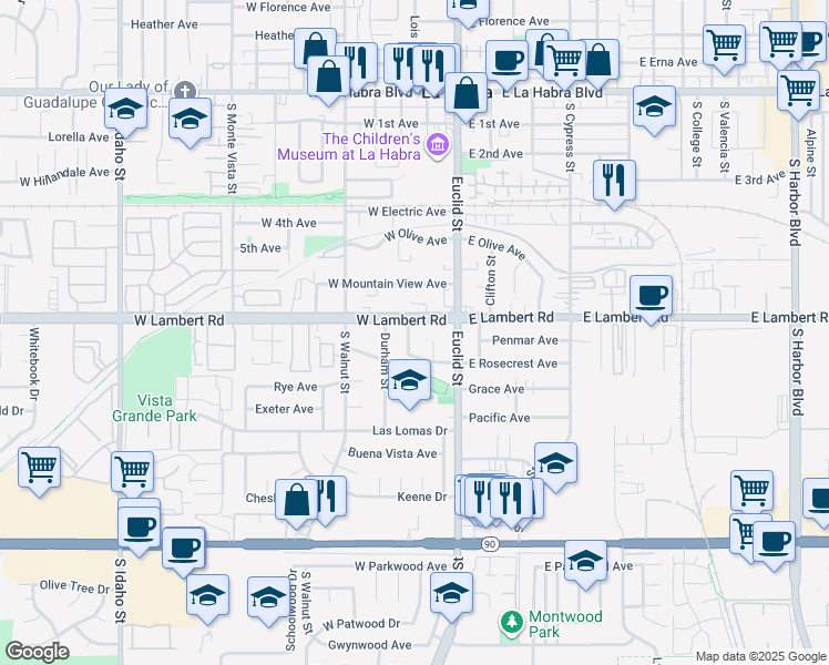 map of restaurants, bars, coffee shops, grocery stores, and more near 710 South Rosecrest Avenue in La Habra