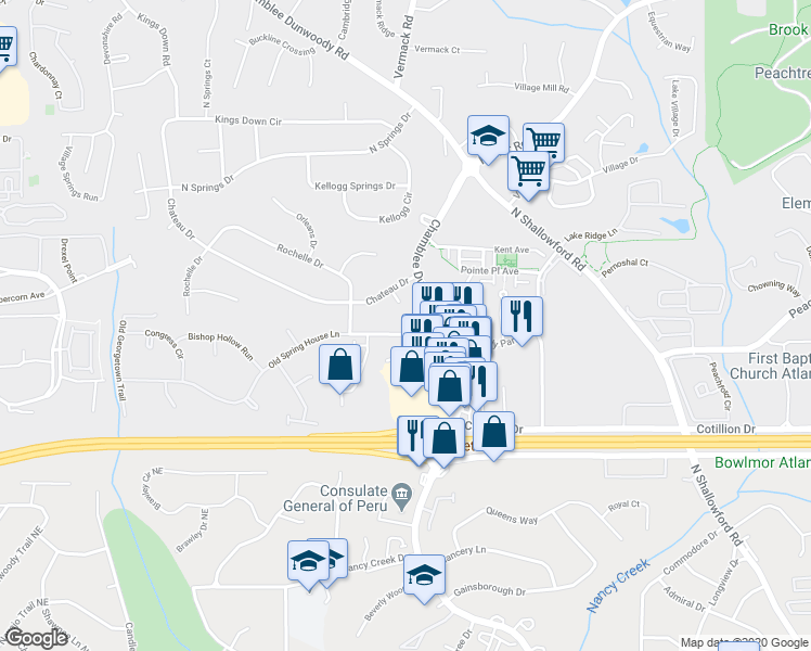 map of restaurants, bars, coffee shops, grocery stores, and more near 1770 Old Spring House Lane in Dunwoody