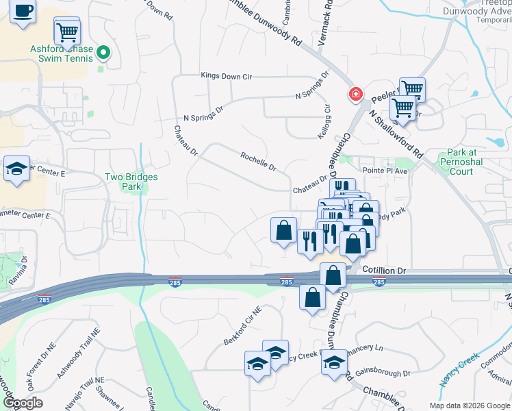 map of restaurants, bars, coffee shops, grocery stores, and more near 1646 Georgetown Way in Dunwoody