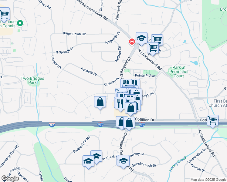 map of restaurants, bars, coffee shops, grocery stores, and more near 1770 Old Spring House Lane in Dunwoody