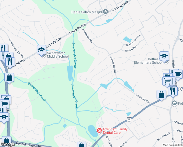 map of restaurants, bars, coffee shops, grocery stores, and more near 3380 Paces Landing Drive Northwest in Lawrenceville