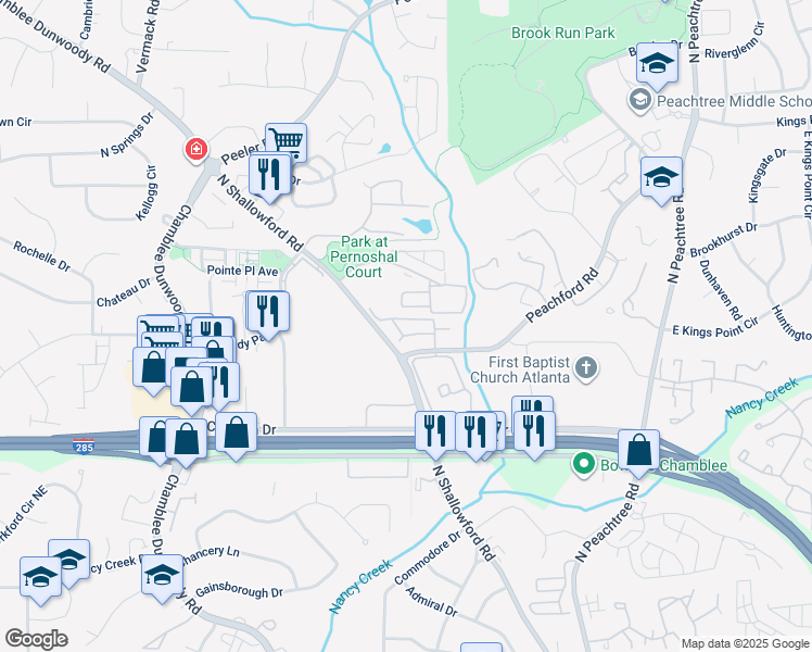 map of restaurants, bars, coffee shops, grocery stores, and more near 5309 Charleston Place in Dunwoody
