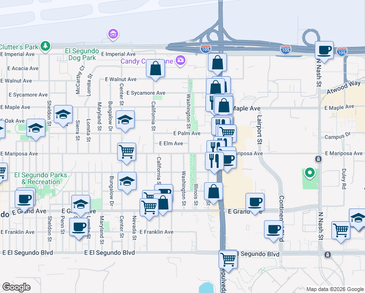 map of restaurants, bars, coffee shops, grocery stores, and more near 1530 East Elm Avenue in El Segundo