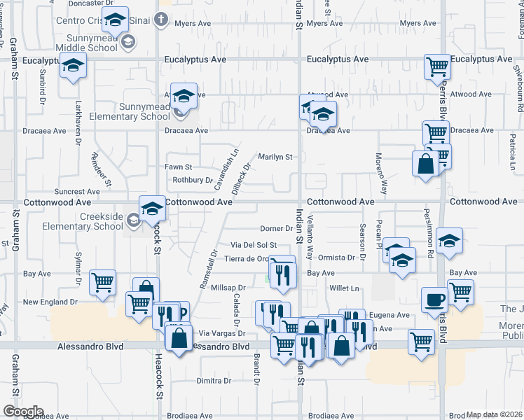 map of restaurants, bars, coffee shops, grocery stores, and more near 24361 Bion Drive in Moreno Valley