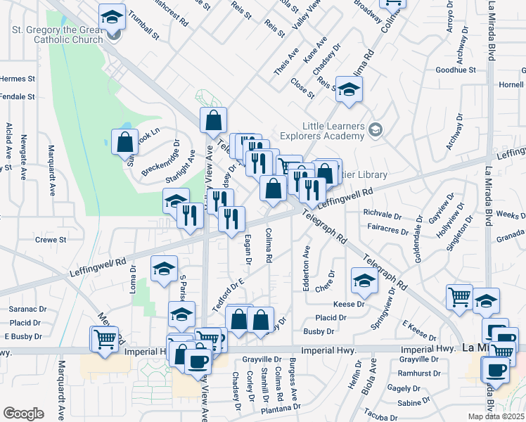 map of restaurants, bars, coffee shops, grocery stores, and more near 11751 Colima Road in Whittier