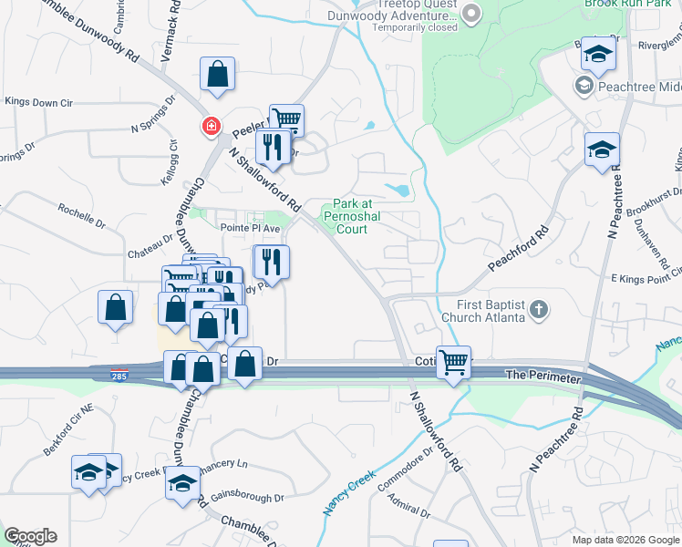 map of restaurants, bars, coffee shops, grocery stores, and more near 4488 North Shallowford Road in Dunwoody
