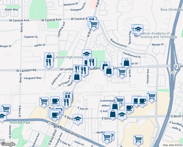 map of restaurants, bars, coffee shops, grocery stores, and more near 334 North Orange Avenue in Brea