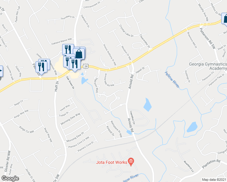 map of restaurants, bars, coffee shops, grocery stores, and more near 2309 Halcyon Way in Lawrenceville