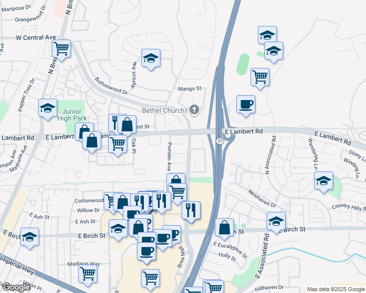 map of restaurants, bars, coffee shops, grocery stores, and more near 850 Palmetto Place in Brea