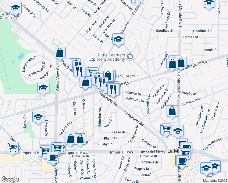 map of restaurants, bars, coffee shops, grocery stores, and more near 14540 Leffingwell Road in La Mirada