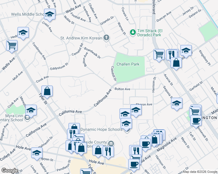 map of restaurants, bars, coffee shops, grocery stores, and more near 7710 Bolton Avenue in Riverside