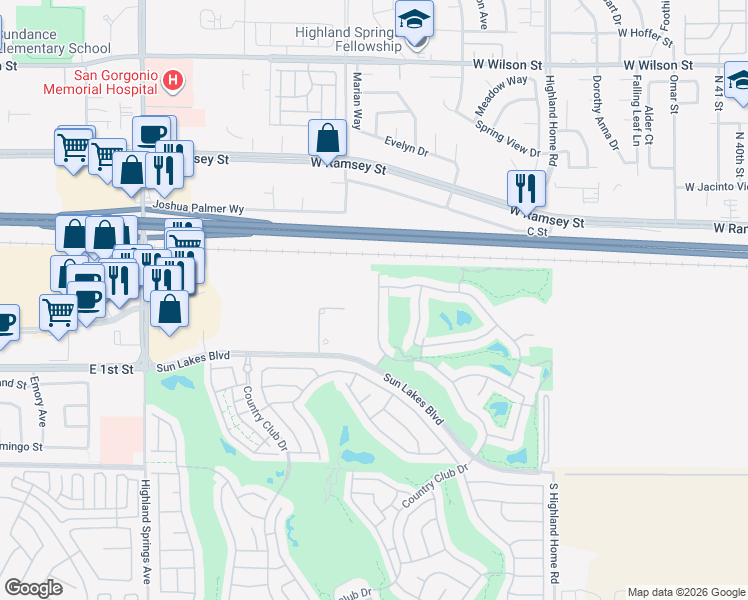 map of restaurants, bars, coffee shops, grocery stores, and more near 411 Northwood Avenue in Banning