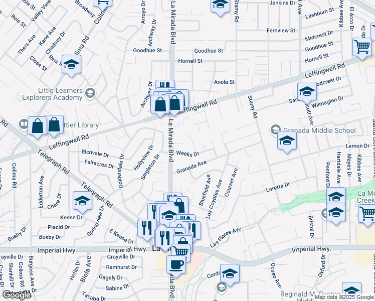 map of restaurants, bars, coffee shops, grocery stores, and more near 15027 Weeks Drive in La Mirada