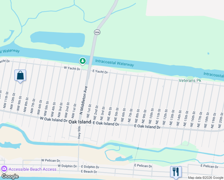map of restaurants, bars, coffee shops, grocery stores, and more near 147 Northeast 4th Street in Oak Island