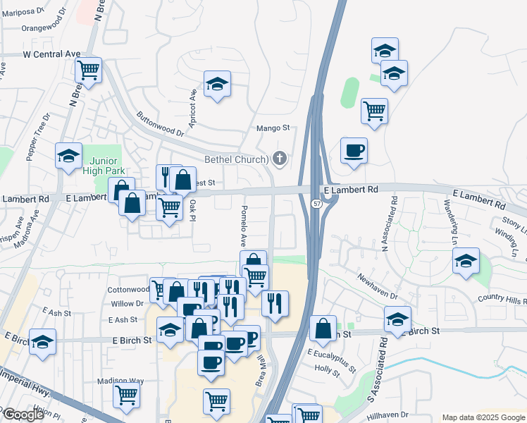 map of restaurants, bars, coffee shops, grocery stores, and more near 850 Palmetto Place in Brea
