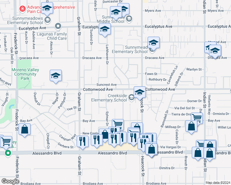 map of restaurants, bars, coffee shops, grocery stores, and more near 23796 Nanwood Drive in Moreno Valley