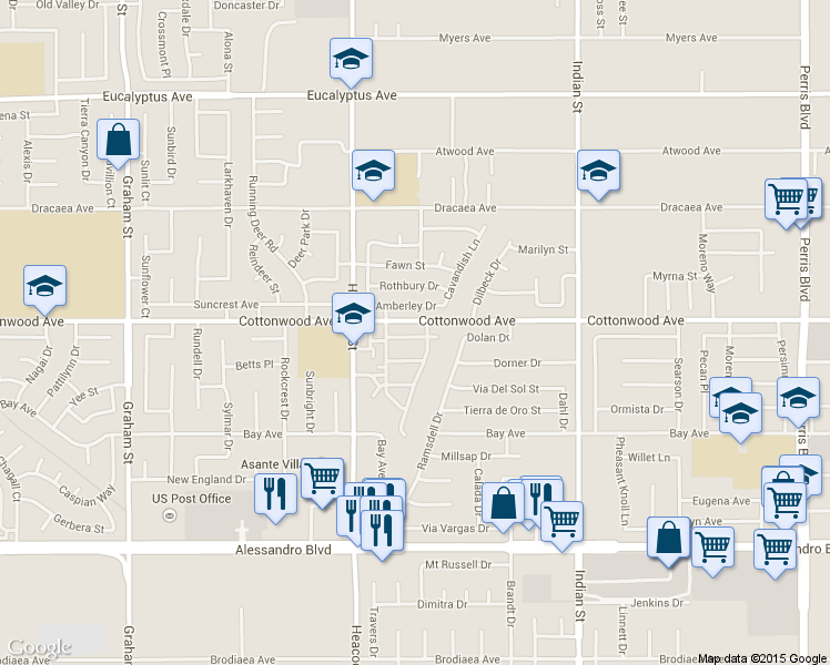 map of restaurants, bars, coffee shops, grocery stores, and more near 24115 Cottonwood Avenue in Moreno Valley