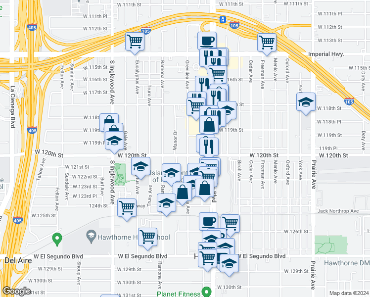 map of restaurants, bars, coffee shops, grocery stores, and more near 11977 Grevillea Avenue in Hawthorne