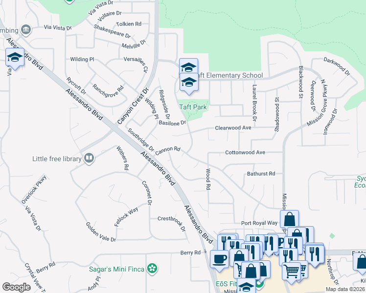 map of restaurants, bars, coffee shops, grocery stores, and more near 1003 Cannon Road in Riverside