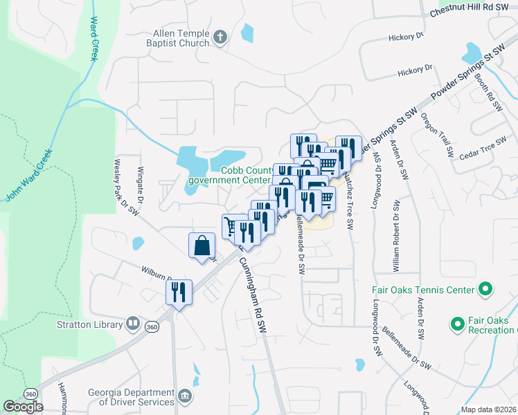 map of restaurants, bars, coffee shops, grocery stores, and more near 881 Baltimore Place Southwest in Marietta