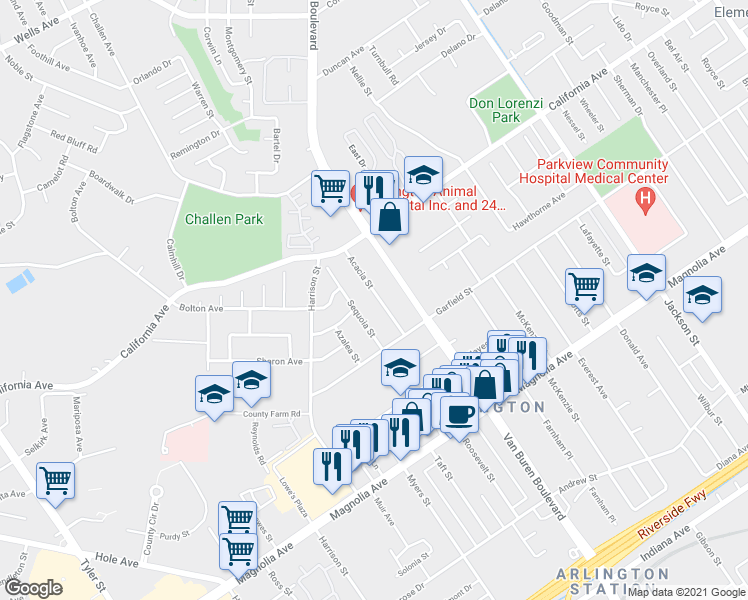 map of restaurants, bars, coffee shops, grocery stores, and more near 4090 Acacia Street in Riverside