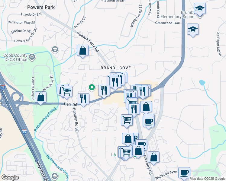 map of restaurants, bars, coffee shops, grocery stores, and more near 2789 Delk Road Southeast in Marietta