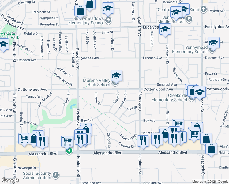 map of restaurants, bars, coffee shops, grocery stores, and more near 23269 Sweeney Drive in Moreno Valley