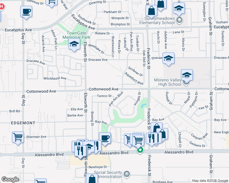 map of restaurants, bars, coffee shops, grocery stores, and more near 13523 Pan Am Boulevard in Moreno Valley