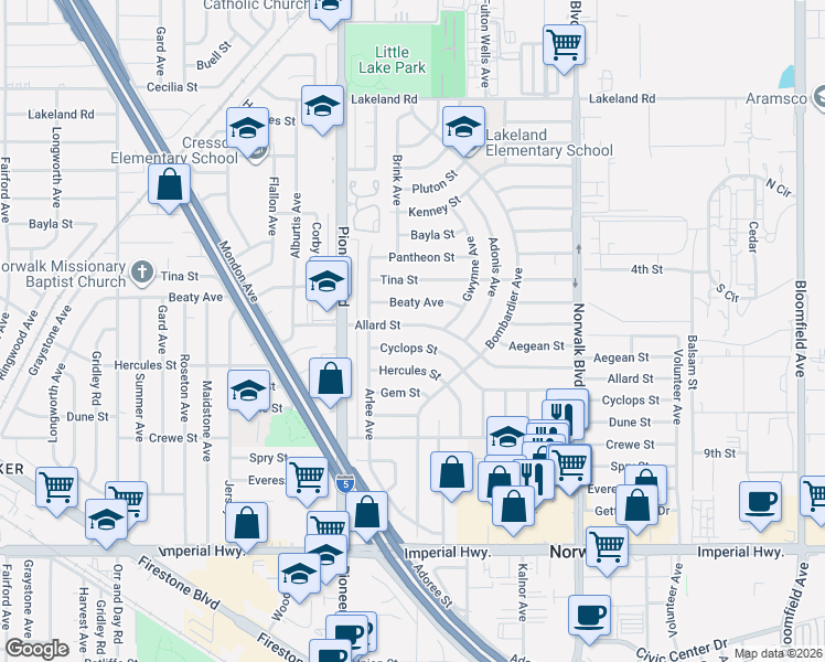 map of restaurants, bars, coffee shops, grocery stores, and more near 11913 Cyclops Street in Norwalk