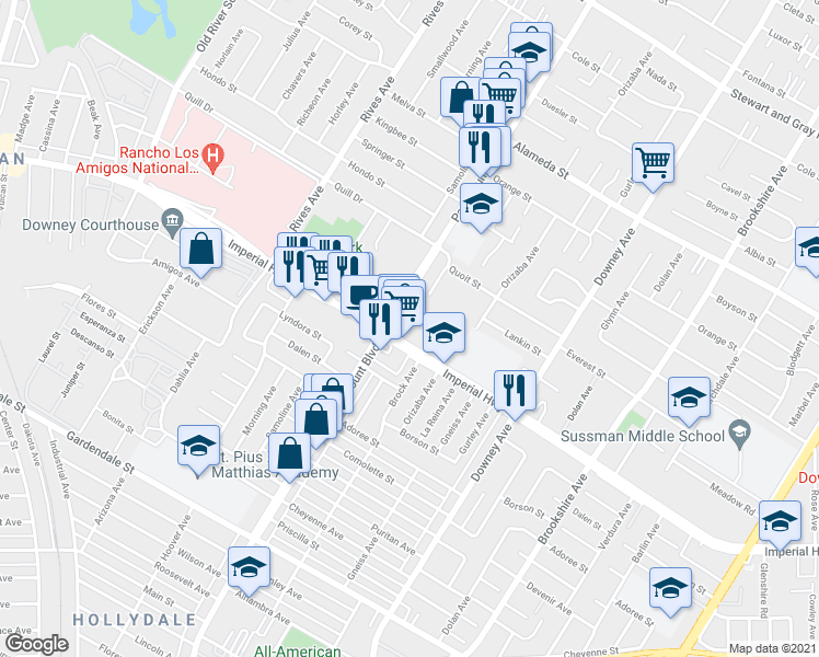 map of restaurants, bars, coffee shops, grocery stores, and more near 12542 Paramount Boulevard in Downey