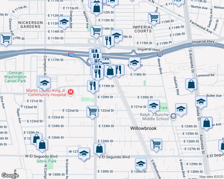 map of restaurants, bars, coffee shops, grocery stores, and more near 11919 Willowbrook Avenue in Los Angeles