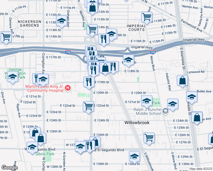 map of restaurants, bars, coffee shops, grocery stores, and more near 2021 East 120th Street in Los Angeles