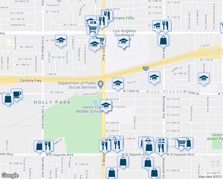 map of restaurants, bars, coffee shops, grocery stores, and more near 1732 West 120th Street in Los Angeles