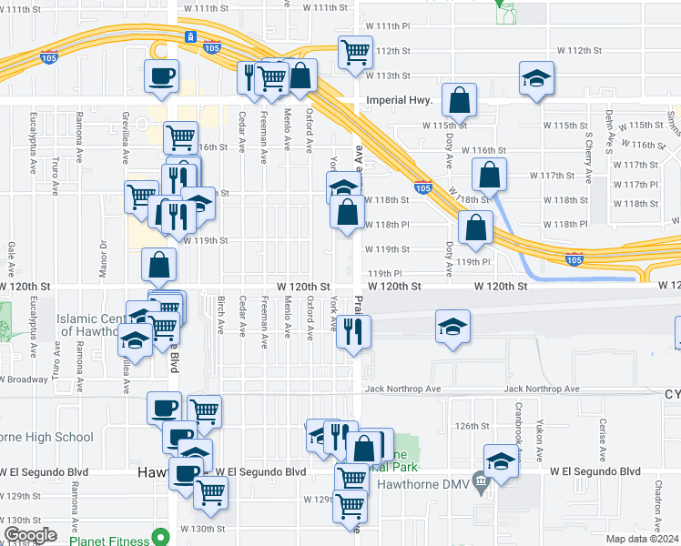 map of restaurants, bars, coffee shops, grocery stores, and more near 11965 Prairie Avenue in Hawthorne