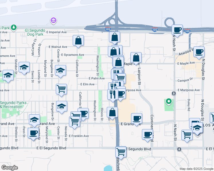 map of restaurants, bars, coffee shops, grocery stores, and more near in El Segundo