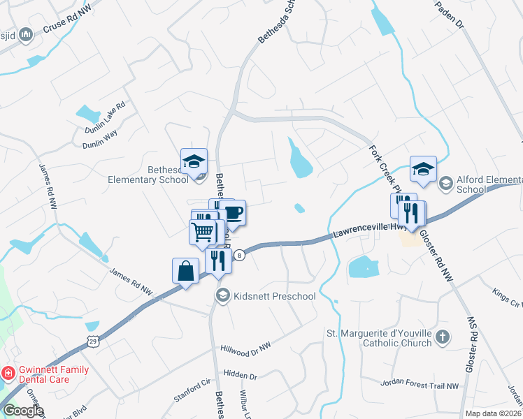 map of restaurants, bars, coffee shops, grocery stores, and more near 498 Musical Court in Lawrenceville
