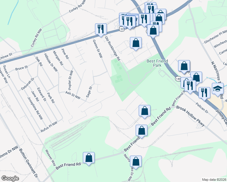 map of restaurants, bars, coffee shops, grocery stores, and more near 2354 Gwinn Drive Northwest in Norcross