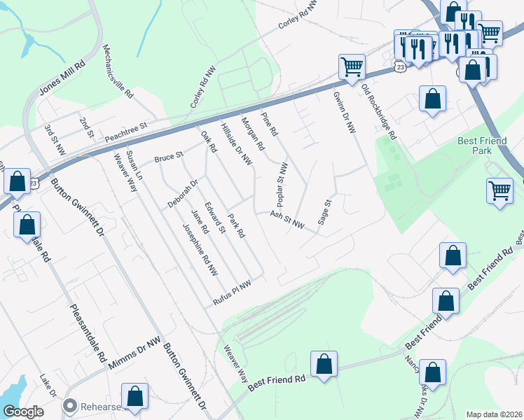 map of restaurants, bars, coffee shops, grocery stores, and more near 5851 Hillside Drive Northwest in Atlanta