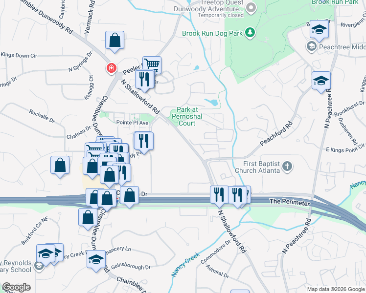 map of restaurants, bars, coffee shops, grocery stores, and more near 4488 North Shallowford Road in Dunwoody