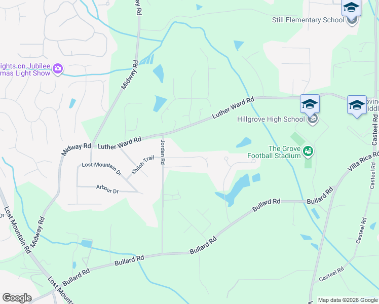 map of restaurants, bars, coffee shops, grocery stores, and more near 4338 Shiloh Trail in Powder Springs