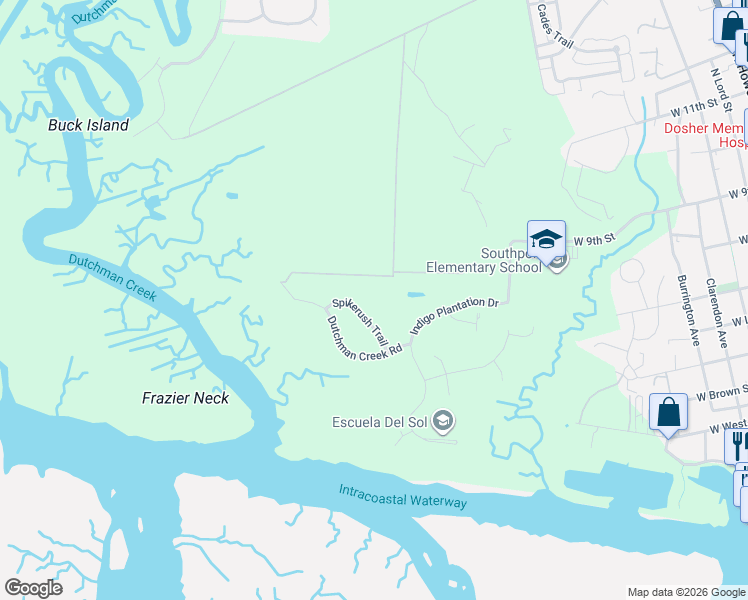 map of restaurants, bars, coffee shops, grocery stores, and more near 6013 Spikerush Trail in Southport