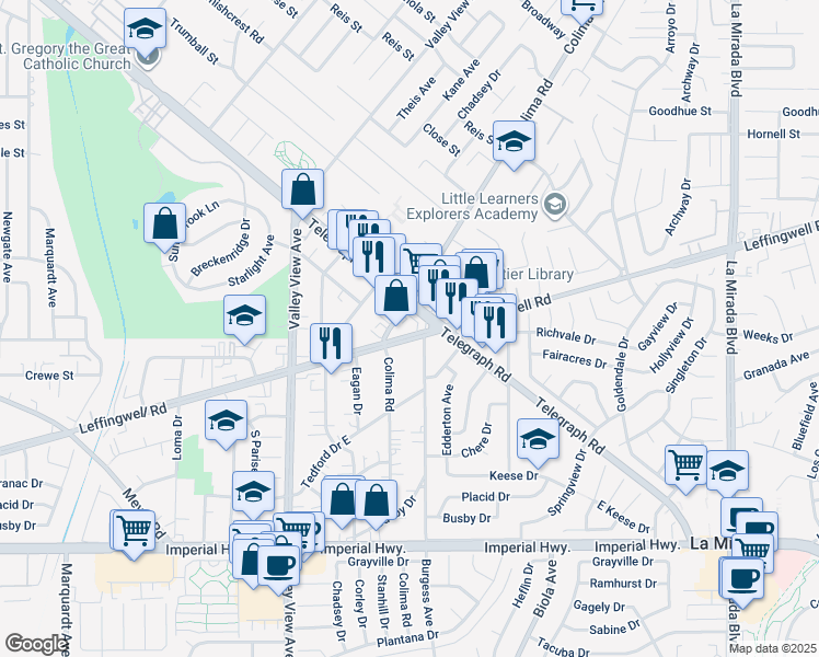 map of restaurants, bars, coffee shops, grocery stores, and more near 14433 Leffingwell Road in Whittier