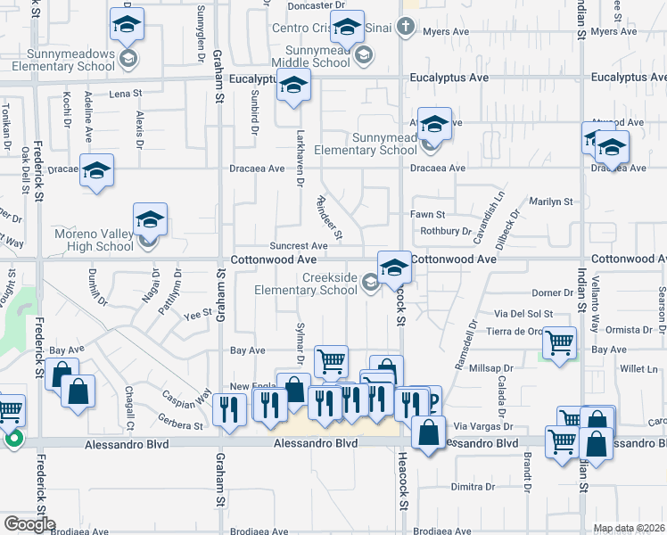 map of restaurants, bars, coffee shops, grocery stores, and more near 23796 Nanwood Drive in Moreno Valley
