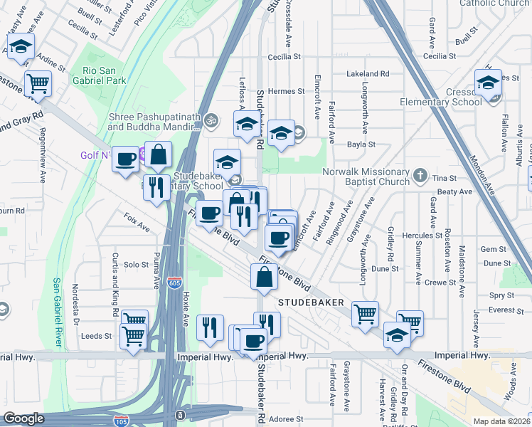 map of restaurants, bars, coffee shops, grocery stores, and more near 11826 Studebaker Road in Norwalk