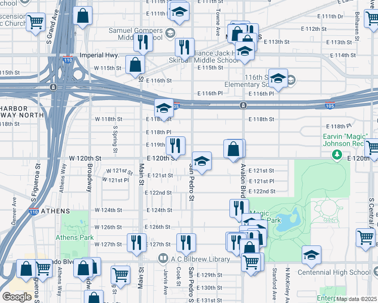 map of restaurants, bars, coffee shops, grocery stores, and more near 11901 San Pedro Street in Los Angeles