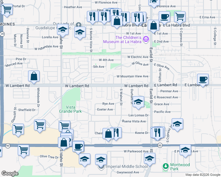 map of restaurants, bars, coffee shops, grocery stores, and more near 640 West Lambert Road in La Habra