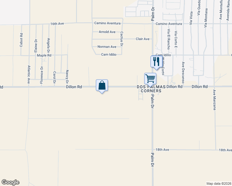 map of restaurants, bars, coffee shops, grocery stores, and more near 66251 Dillon Road in Desert Hot Springs