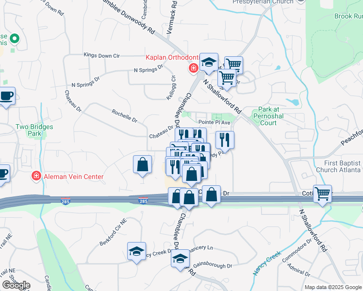 map of restaurants, bars, coffee shops, grocery stores, and more near 4532 Chamblee Dunwoody Road in Dunwoody