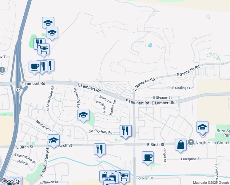 map of restaurants, bars, coffee shops, grocery stores, and more near 2393 Skyline Drive in Brea